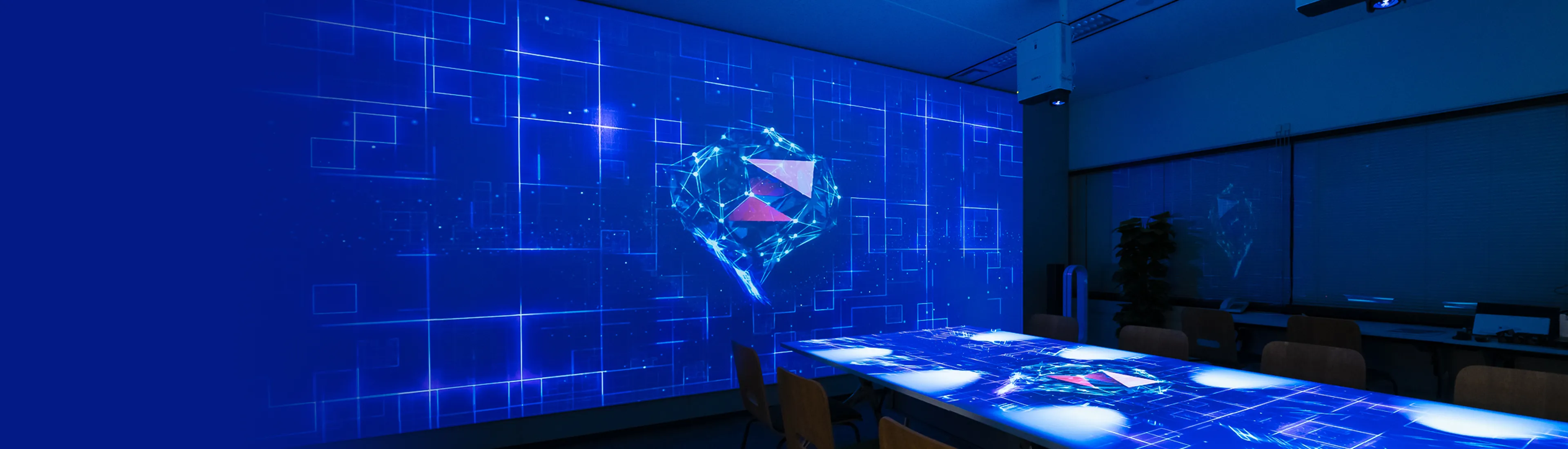 AI技術のイメージが投影されているミーティングルーム
