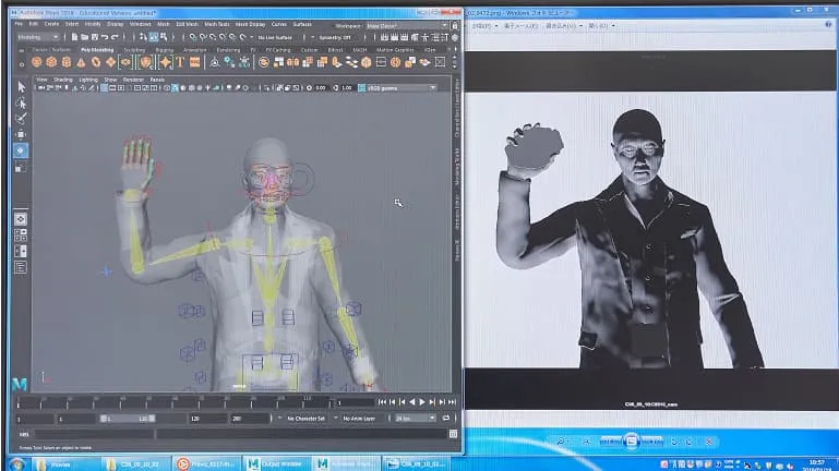 キャラクターの骨格を組むリギング作業の様子