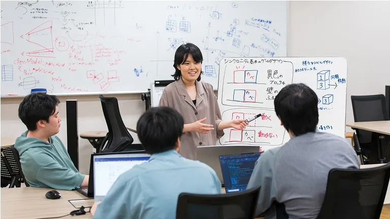 先生がホワイトボードを使って指導している様子