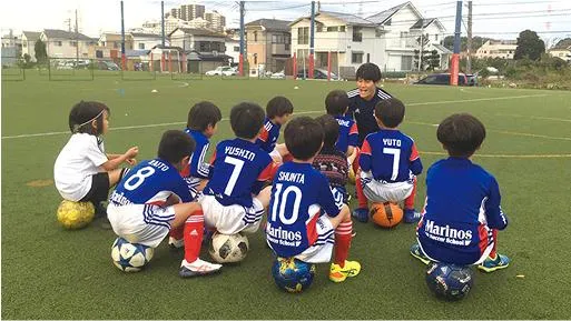 子供たちにサッカーを教えるインターン中の生徒