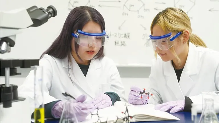 学生たちが医薬品の分析化学実習を行っている様子