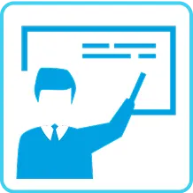 スーツを着た講師が講義を行っている様子のイラスト