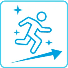 右斜め上の矢印の方向に向かって走る人物のイラスト