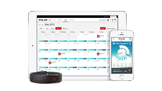 リストバンドタイプのウェアラブル端末POLARとデータが反映されたタブレット端末とスマートフォン