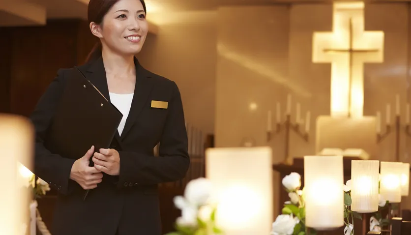 式場でほほ笑むスタッフの風景