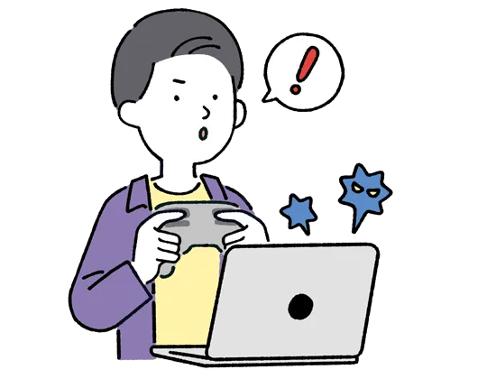 コントローラーを握りテストプレイをしバグチェックをしている人物のイラスト