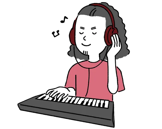 キーボードを使って音楽制作中のヘッドホンをつけた人物のイラスト