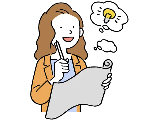 紙とペンを持ちアイデアを閃いた人物のイラスト