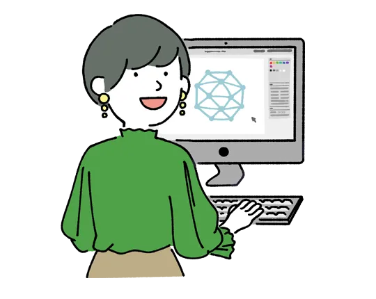 CG編集中のPCの前に座っている人物のイラスト
