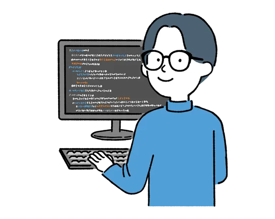 プログラム記述中のPCの前に座っている人物のイラスト