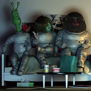 実物のフィギュアのような宇宙服を着た宇宙人の3DCG画像