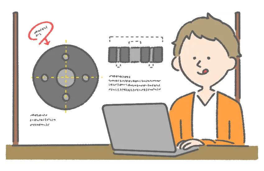 手書きの設計図をCADで起こしているイラスト