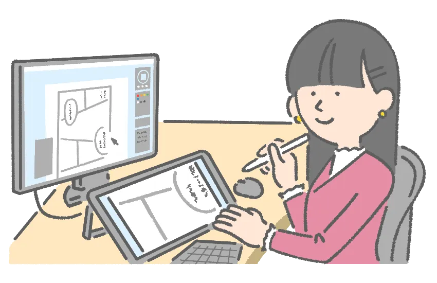 大型の液晶ペンタブレットを使用しているイラスト