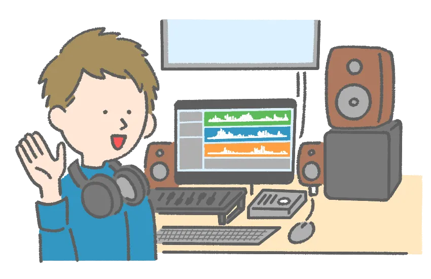 音響機器の前に座っているイラスト