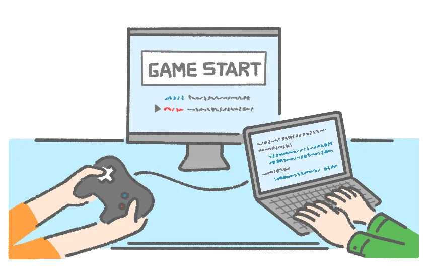 ゲームをしている画面と手元にプログラミング中の手元のイラスト