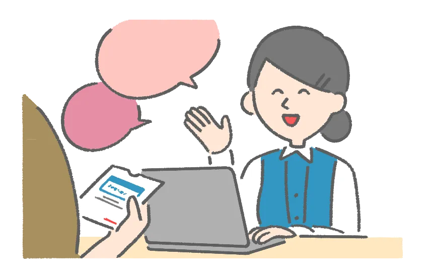 問い合わせ内容をPCで調べて応対しているイラスト