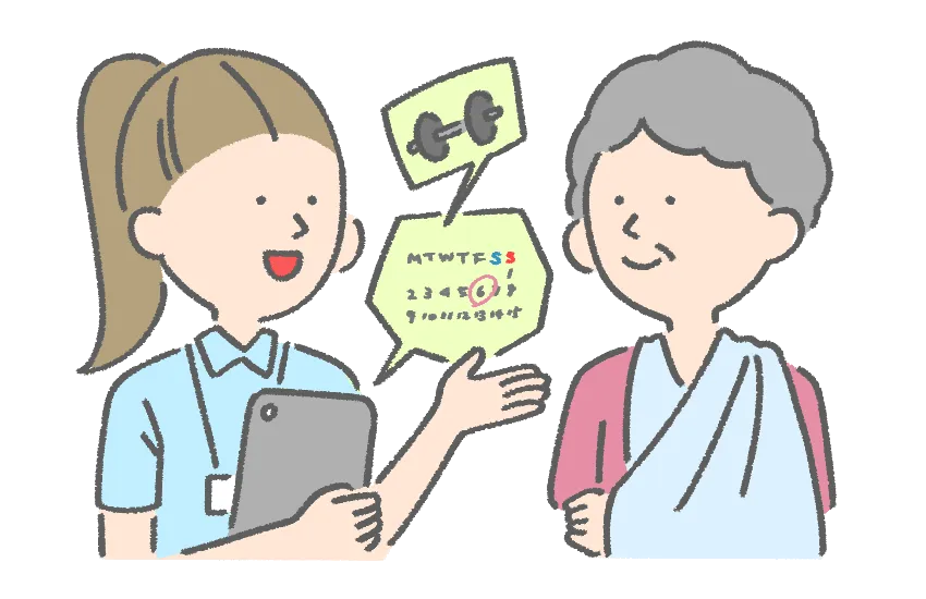 タブレットに表示してリハビリ計画について説明しているイラスト