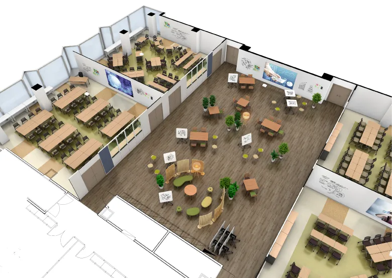 3Dに起こしてインテリアを再現したセンターの間取り図