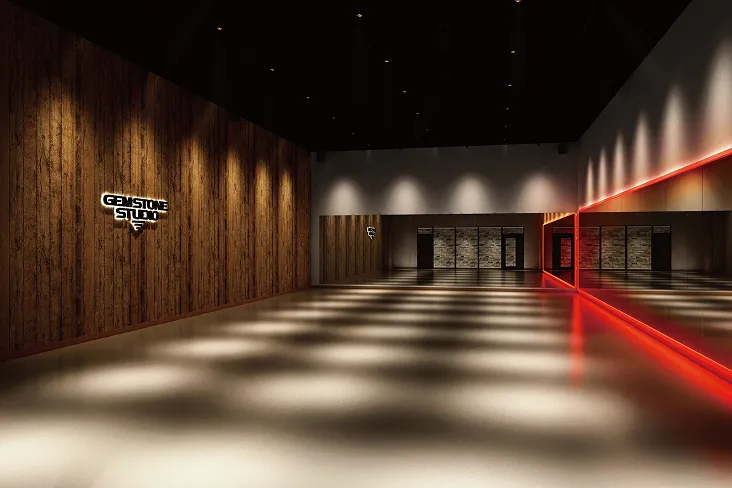 黒を基調とした木目調の壁と鏡張りの室内