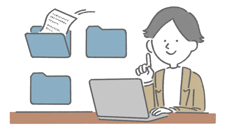 パソコンでデータファイルをフォルダに分ける人物のイラスト