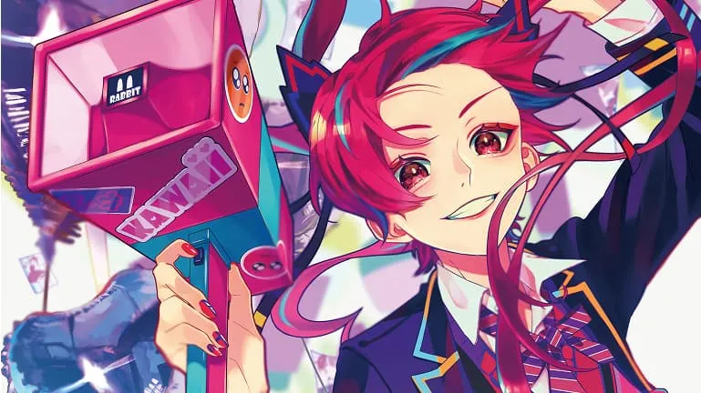 赤いショートヘアの女の子がメガホンを持つアニメイラスト