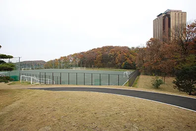 階段状の観客席を持つ総合グラウンドと8レーンあるプールの風景