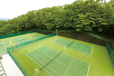 階段状の観客席を持つ総合グラウンドと8レーンあるプールの風景