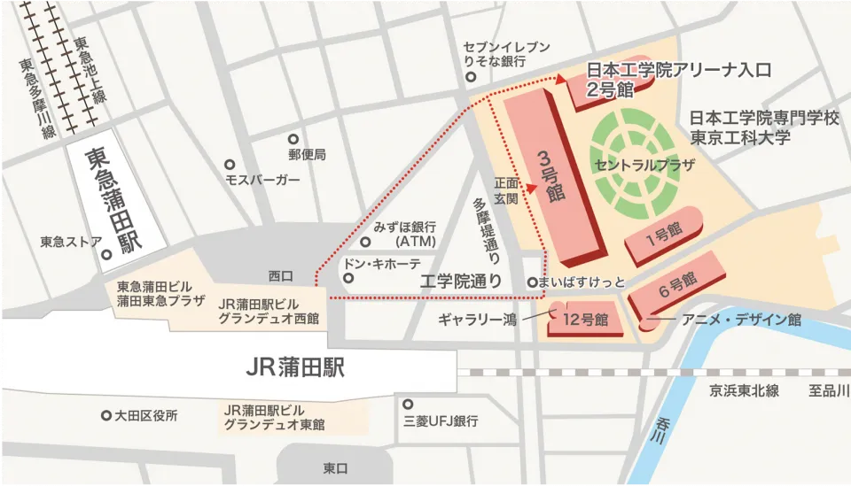 JR蒲田駅と東急蒲田駅からの道のりが分かるアクセスマップ