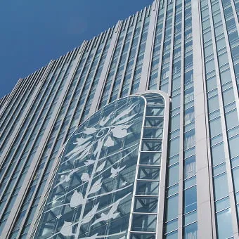 ガラス張りの校舎を見上げる写真