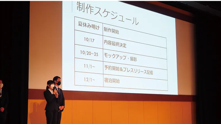 学生がマイクとスクリーンを使って実践学習する様子
