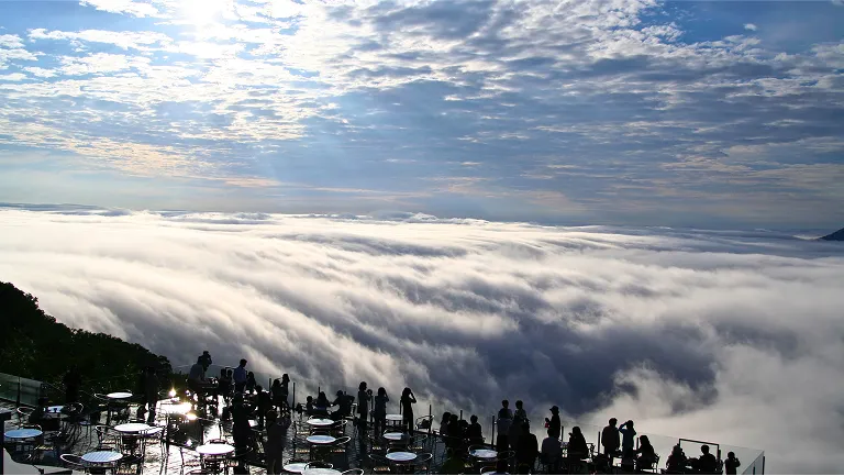 展望施設からダイナミックな雲海を間近で見る人々