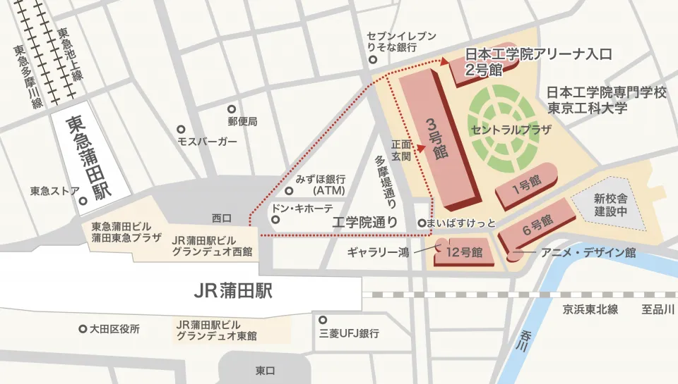 JR蒲田駅と東急蒲田駅からの道のりが分かるアクセスマップ