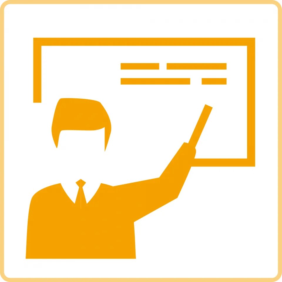 スーツを着た講師が講義を行っている様子のイラスト