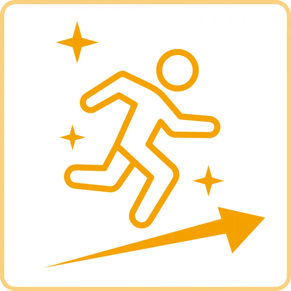 右斜め上の矢印の方向に向かって走る人物のイラスト