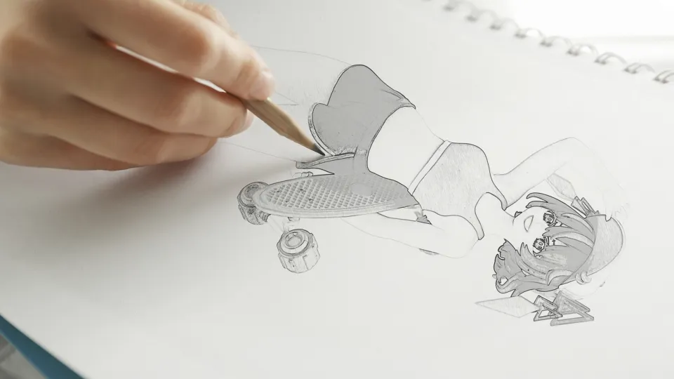スケッチ用紙にフィギュアのラフを描く様子