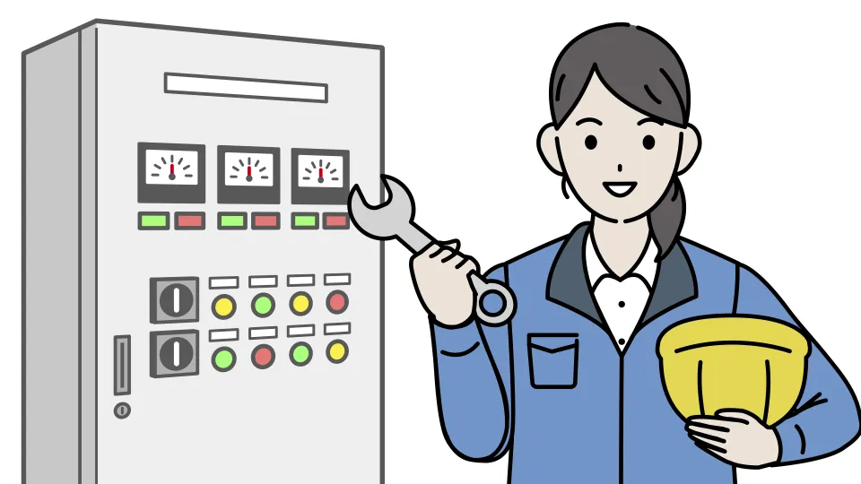 制御盤の点検・保守を行う作業服姿の技術者のイラスト