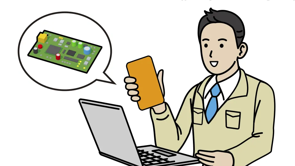 ノートパソコンとスマートフォンを使いながら、電子基板設計をするエンジニアのイラスト