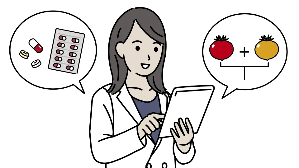 タブレットを手に医薬や食品の分析を行う研究員のイラスト