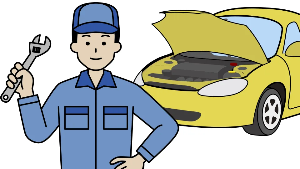 車とスパナを持つ自動車整備士のイラスト
