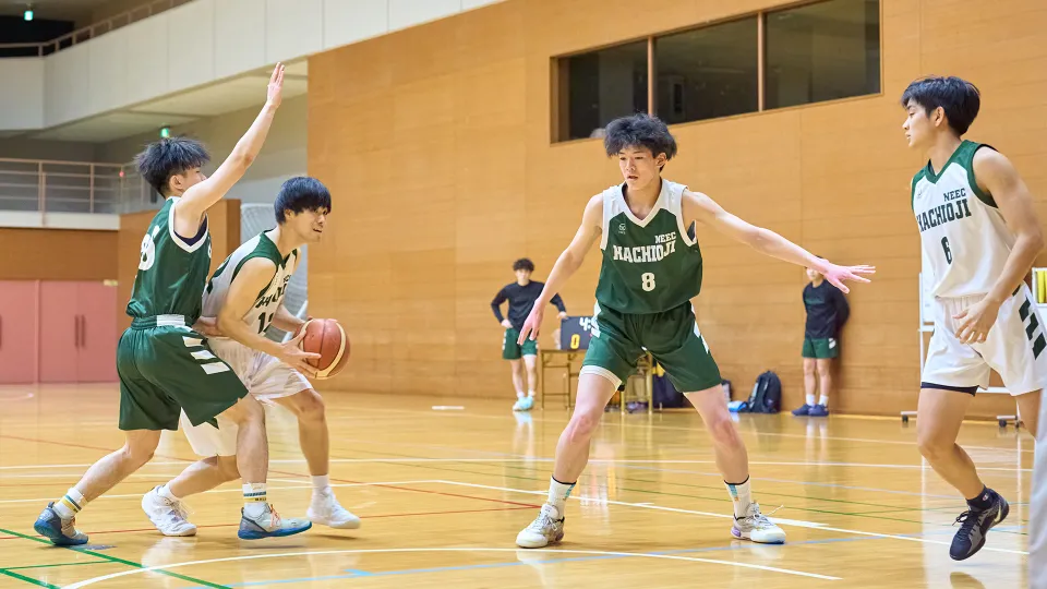 バスケットボールの試合で競り合う選手たち