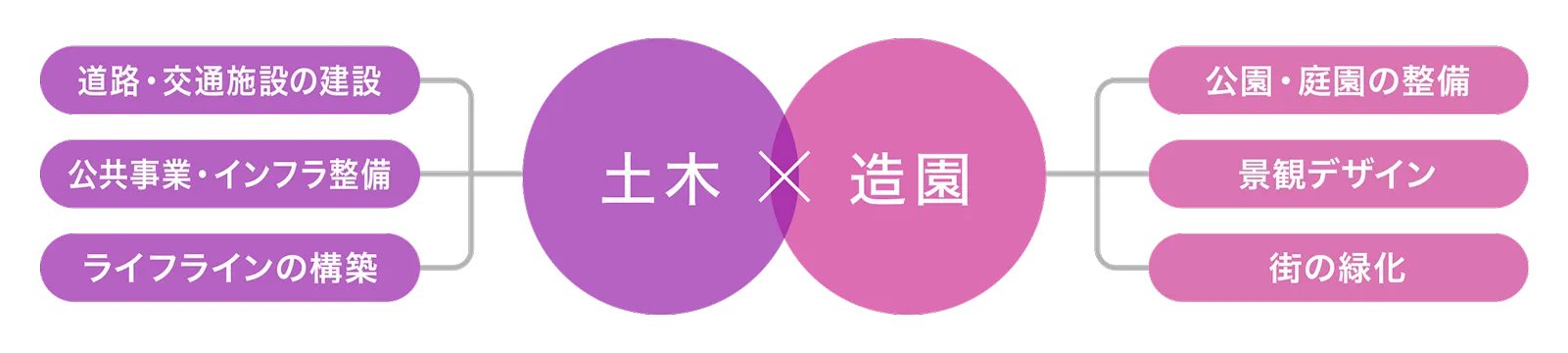 土木（道路・交通施設の建設、公共事業・インフラ整備、ライフラインの構築）、造園（公園・庭園の整備、景観デザイン、街の緑化）