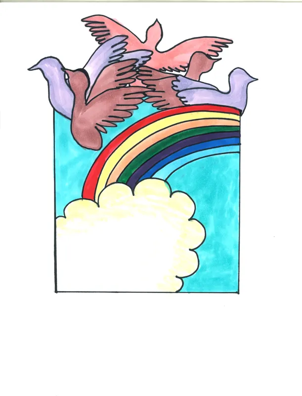『空に飛び立つ鳥と雲と虹』