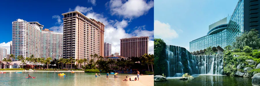 左に外資系ホテルの景観、右に日系ホテルの景観を置いた画像