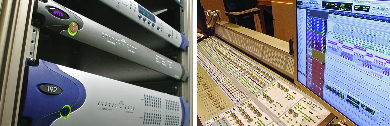 左にPro Toolsに接続するインターフェース機器、右にミキサーとPro Toolsの画面