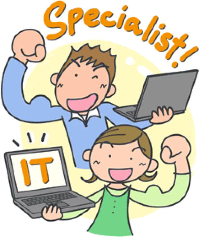 Specialist、ITと添えられた、片手にPCを持ち、片腕で力こぶを作っている人物ふたりのイラスト