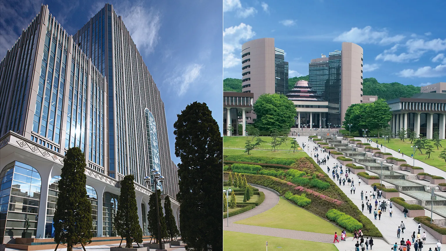 左に蒲田キャンパス校舎、右に八王子キャンパスの遠景