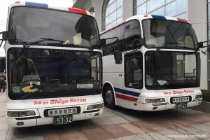 チャーターしたバス2台を全面から撮った画像