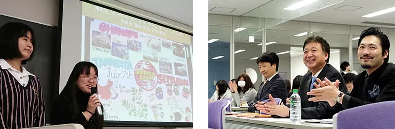 左に別グループの代表登壇写真、右に嬉しそうに拍手している理事長と講師たち