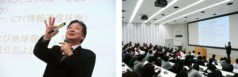 左にジェスチャーを交えながら講義を行う理事長、右に斜め横から撮影した講義の様子