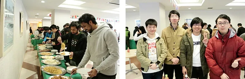 左ににこにこでバイキングを楽しむ留学生たち、右にはにかみながらポーズをとる留学生たち